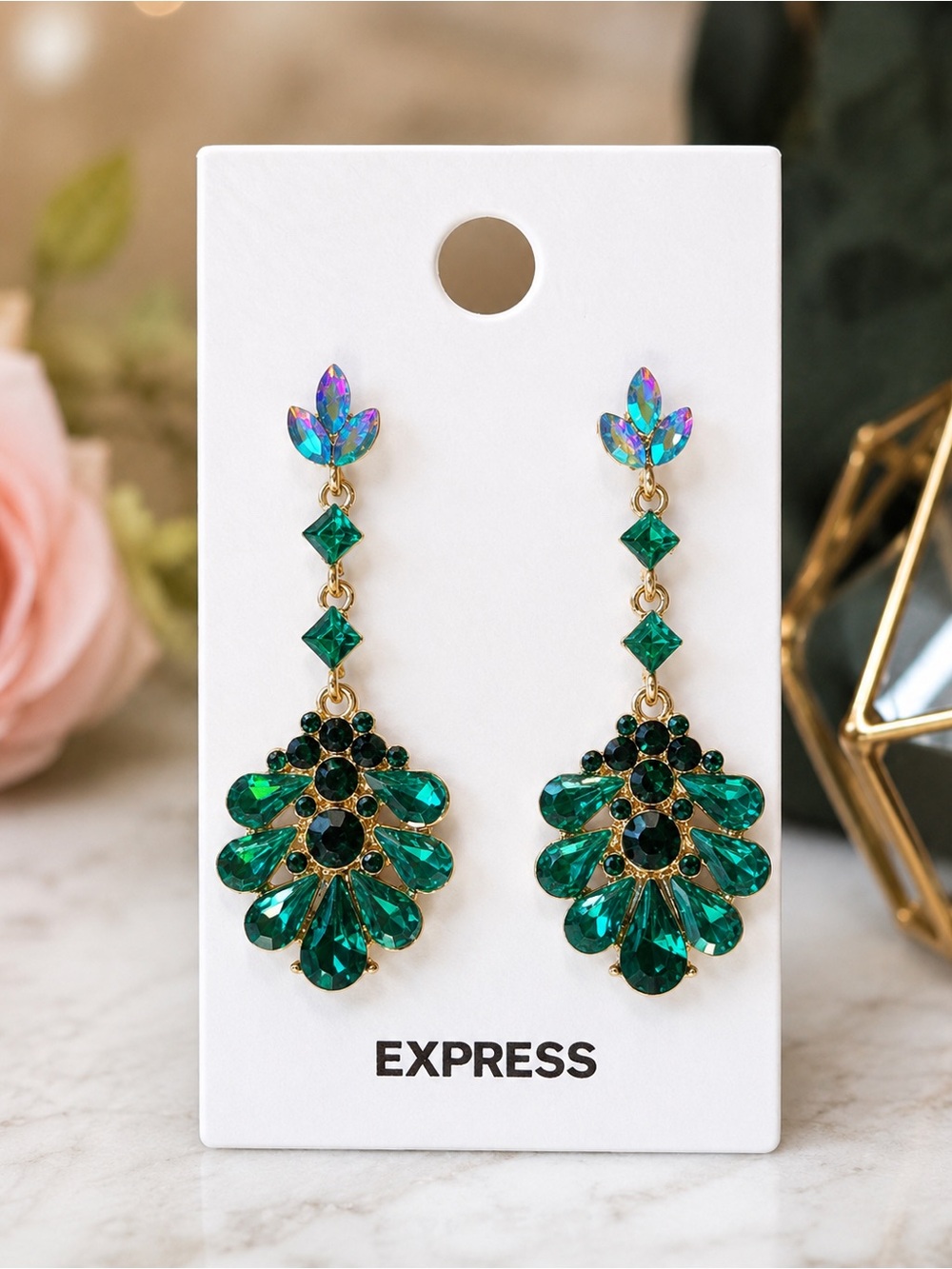 NWT Express Green Iridescent Crystal Chandelier Earrings Gold-Tone
